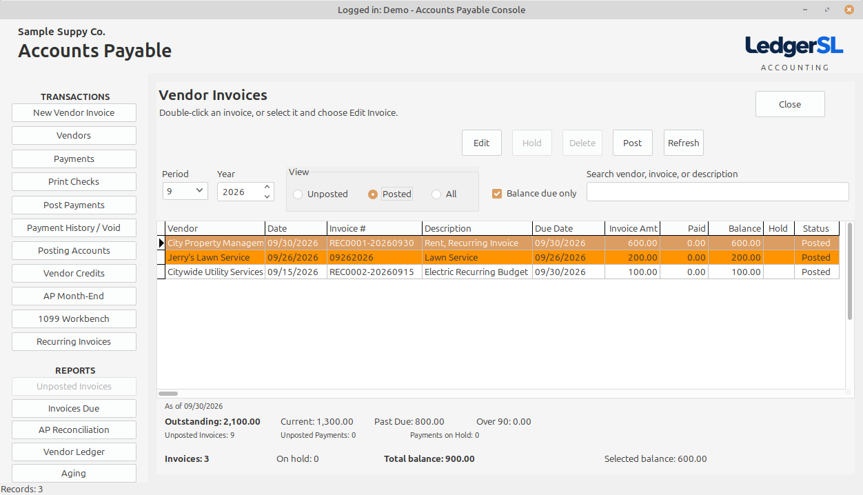 Use Payables to review supplier bills and payment work, with the period and status filters set deliberately.