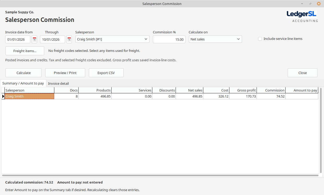 The commission worksheet combines summary amounts with supporting invoice details.