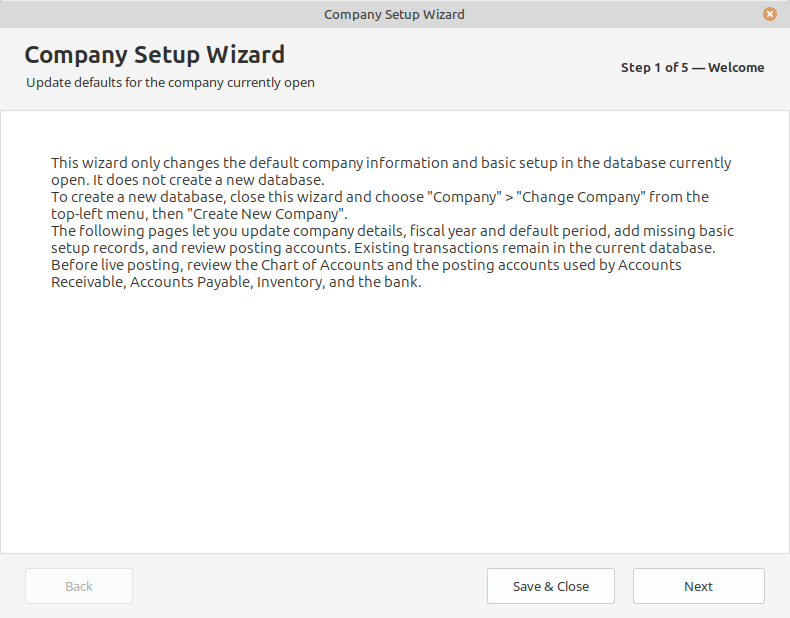 Company Setup Wizard welcome page explaining that it changes the current company and does not create a database