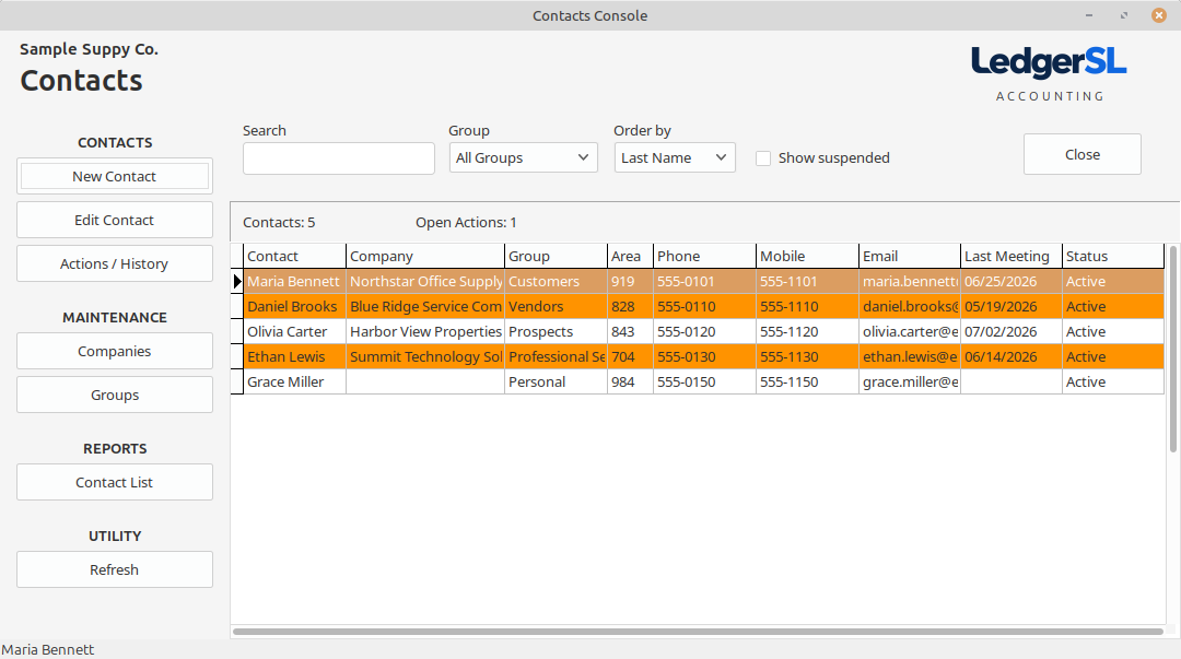 Contacts combines people, companies, groups, and follow-up activity.