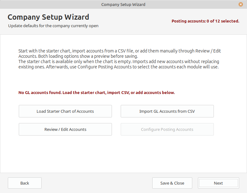 Company Setup Wizard GL Accounts step with starter chart, CSV import, account review and posting-account options