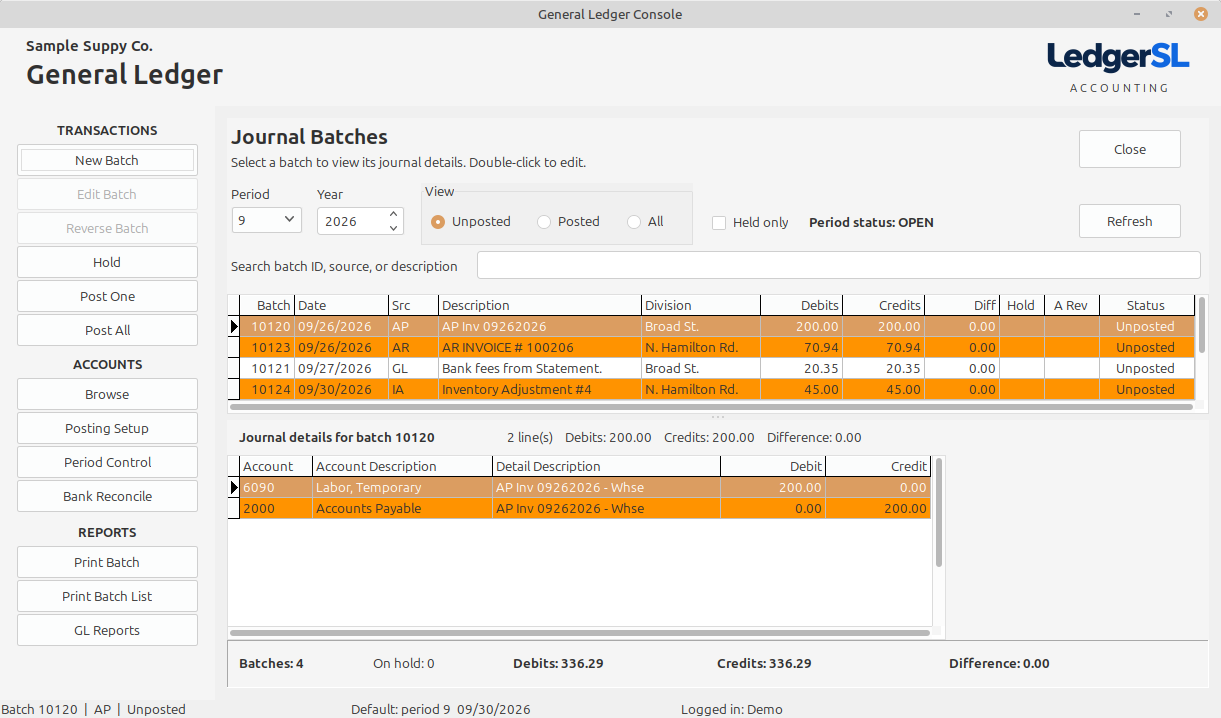 General Ledger keeps journal batches and their detail together. Review the source, period, and balance before posting.