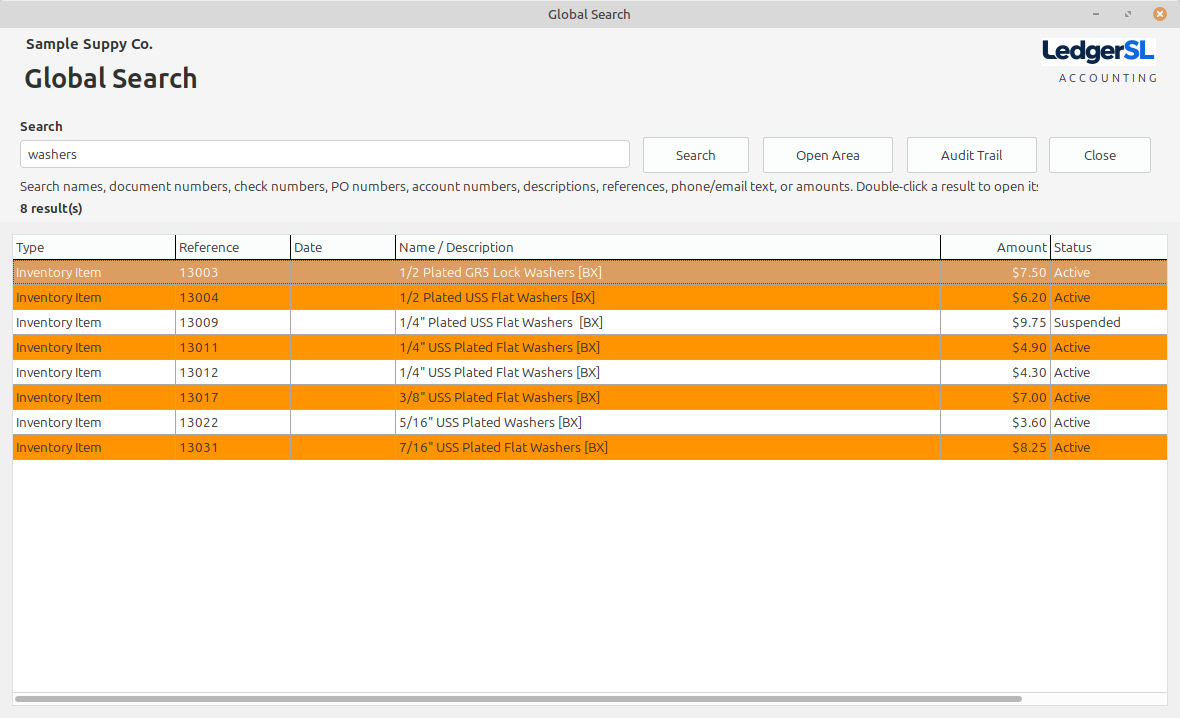 Select a result to open its working area or review its audit trail.
