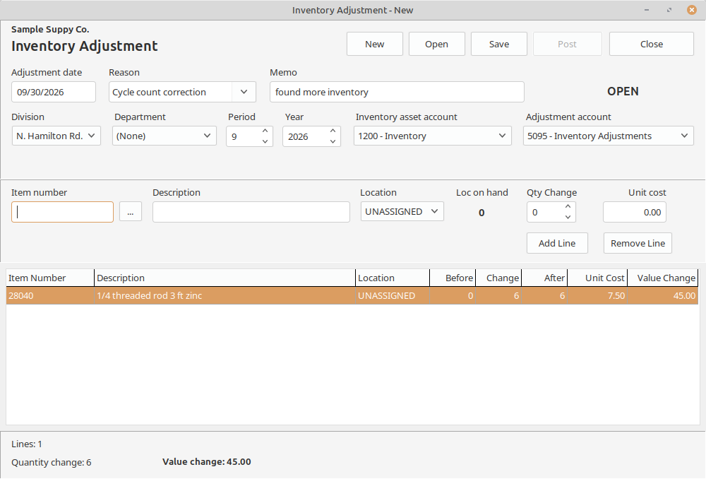 An adjustment records an explained change in quantity and value at a location.