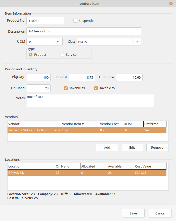 Item maintenance defines the product or service. Stock quantities come from posted stock movements.
