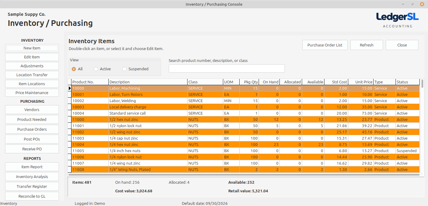 Inventory and Purchasing connects stock records, orders, receipts, transfers, and reports.