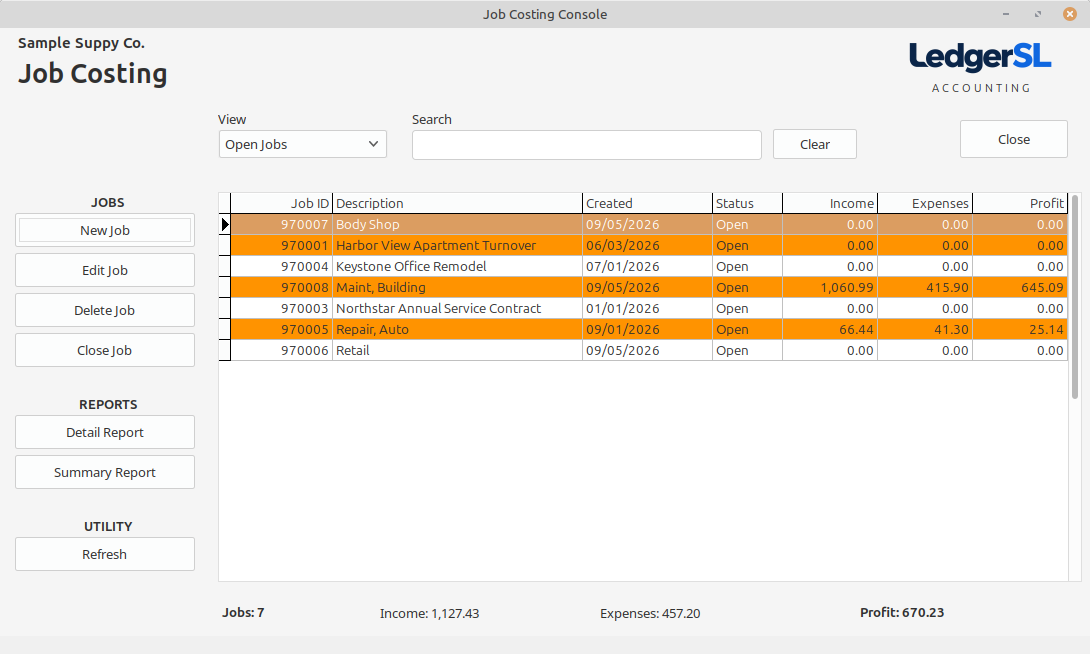 The Job Costing Console compares recorded income, expense, and profit. Review the detail for missing or duplicate costs.