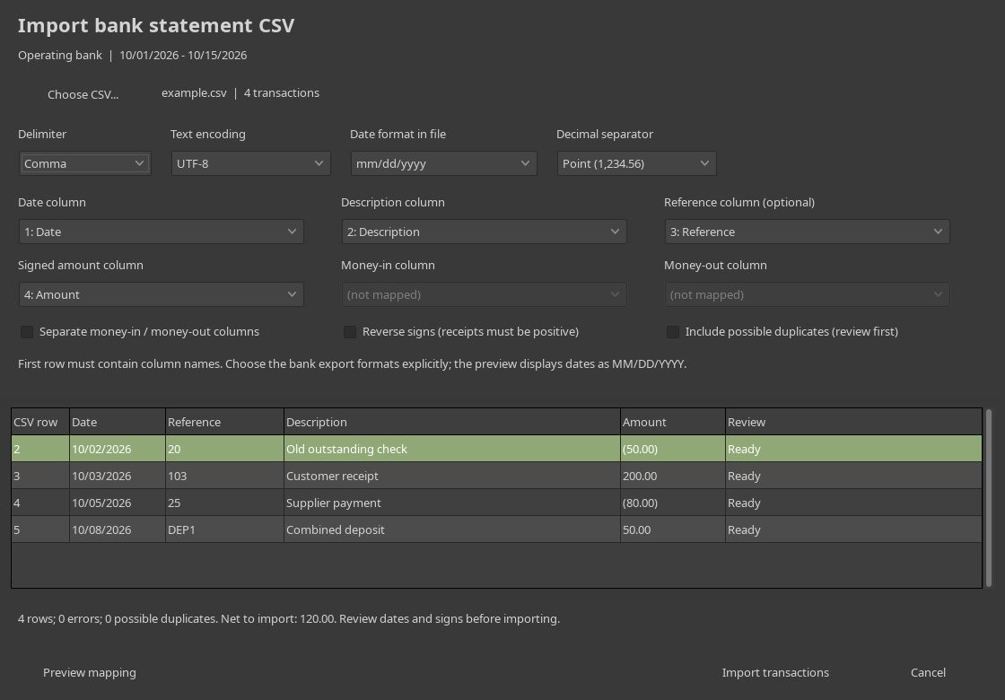 Bank CSV import dialog with column mapping, explicit date and number formats, duplicate options, and four previewed example transactions