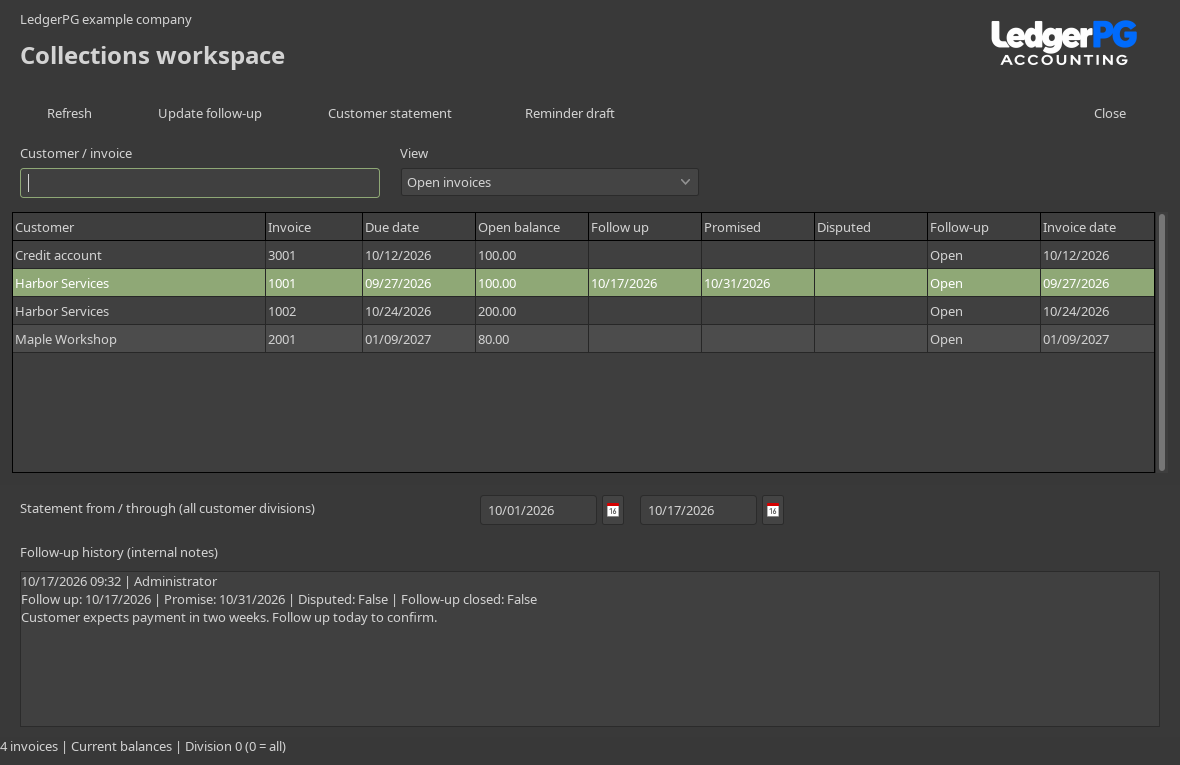 Collections showing open invoices, due dates, remaining balances, next follow-ups, promised dates, and internal note history