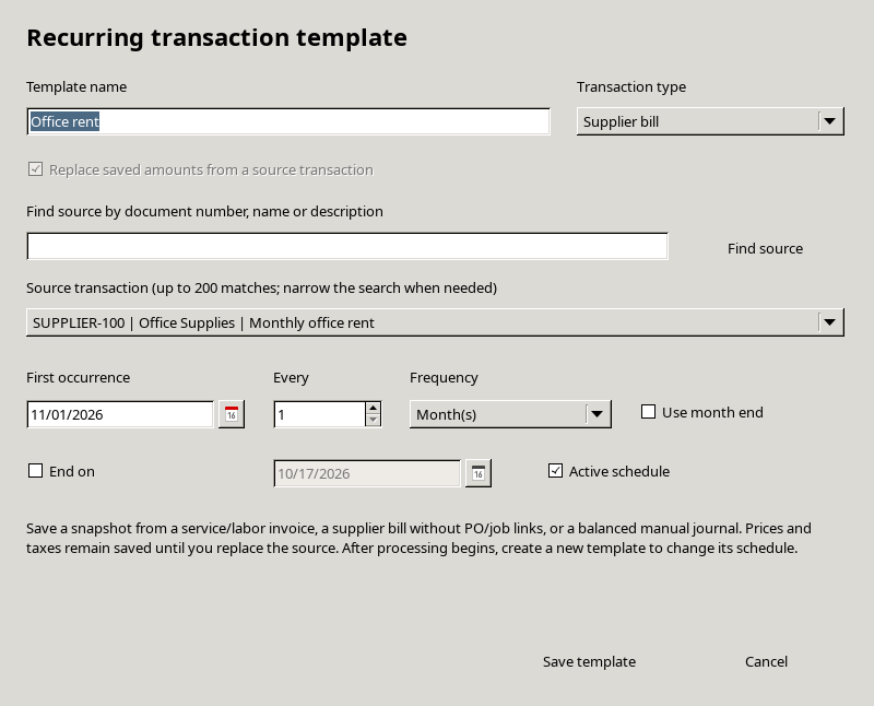 Supplier bill template editor with source selection, first occurrence, monthly frequency, optional end date and active schedule
