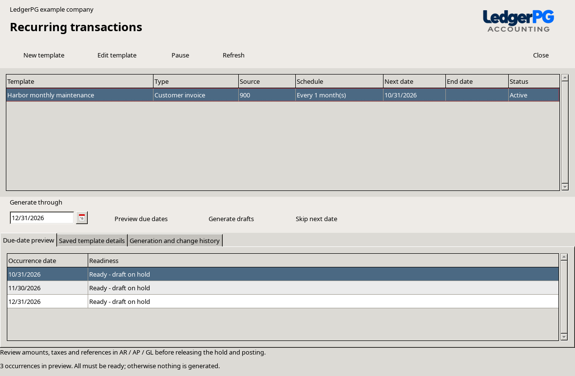 A monthly maintenance template with October, November and December dates ready to generate as drafts on hold