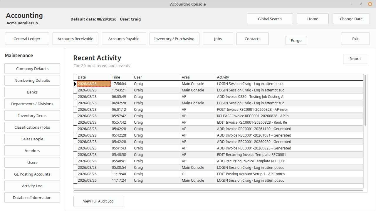 LedgerSL Main Console Recent Activity showing audit dates, times, users, areas, and recorded actions