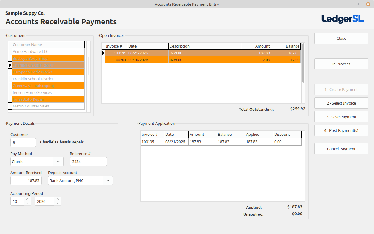 LedgerSL Accounts Receivable Payments showing open customer invoices, payment details, and a receipt applied to an invoice