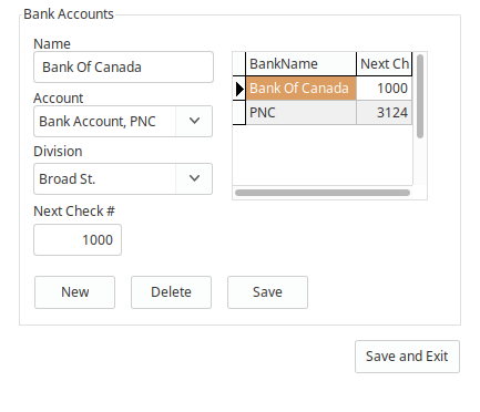 LedgerSL Bank Accounts maintenance showing bank name, GL account, division, and next check number