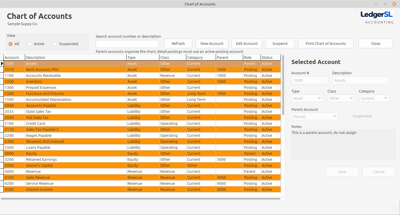LedgerSL Chart of Accounts showing account hierarchy, type, class, category, role, status, and selected account details
