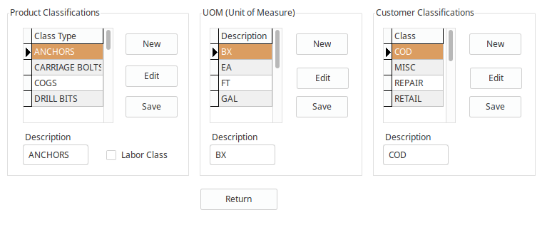 LedgerSL Product Classifications, units of measure, and Customer Classifications setup