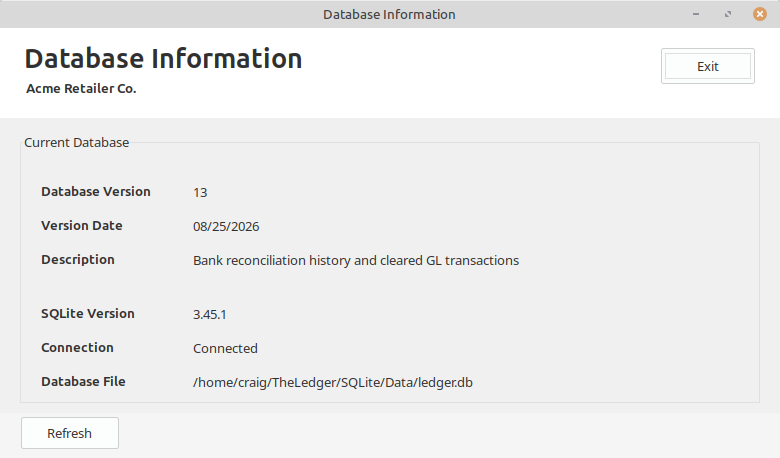 LedgerSL Database Information showing database version, version date, description, SQLite version, connection status, and database file