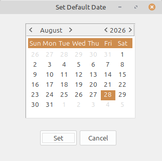LedgerSL Set Default Date calendar with August 28, 2026 selected