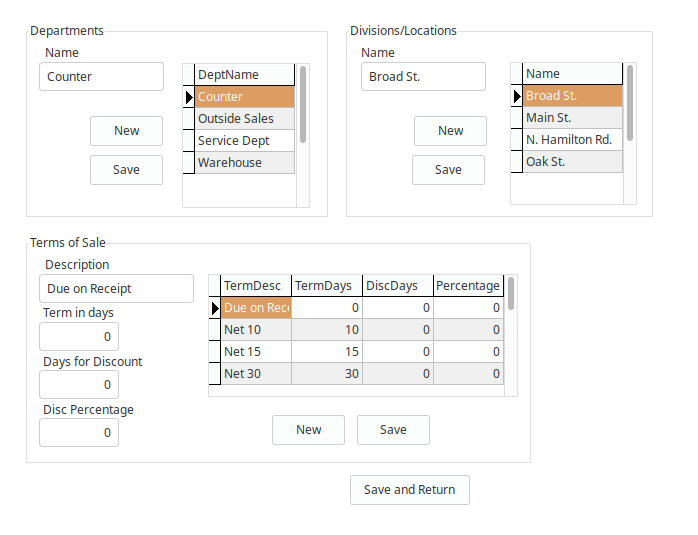 LedgerSL setup showing departments, divisions and locations, and terms of sale