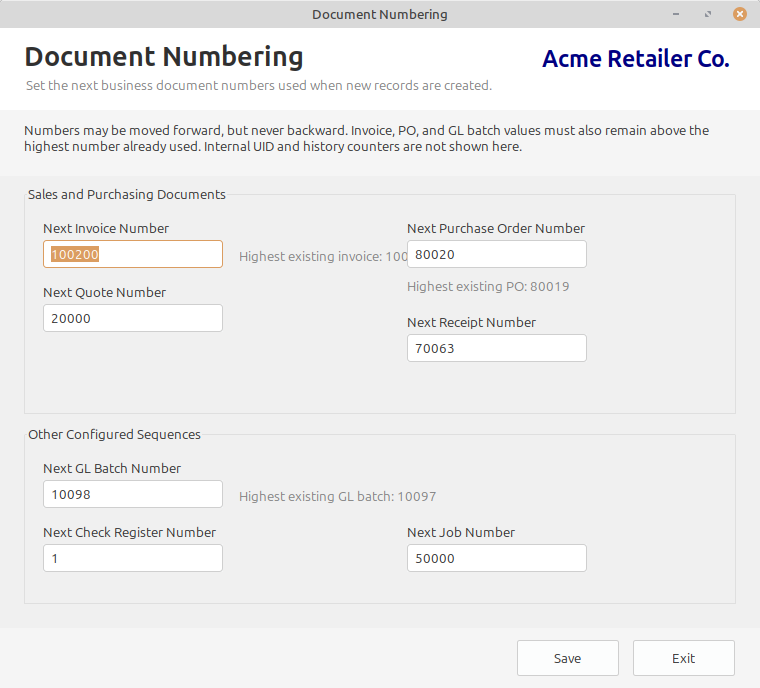 LedgerSL Document Numbering showing next invoice, quote, purchase order, receipt, GL batch, check register, and job numbers