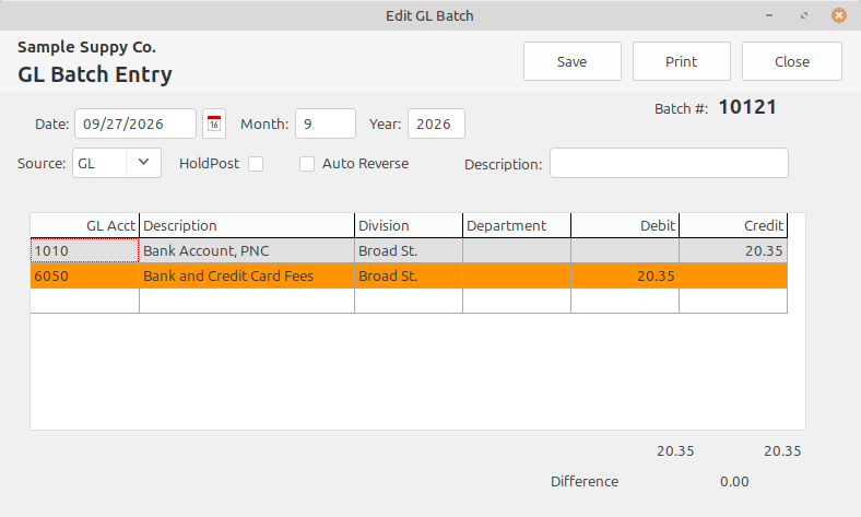 LedgerSL Edit GL Batch screen with Sample Supply Co. above the GL Batch Entry title, batch 10121, debit and credit totals of 20.35, and a zero difference