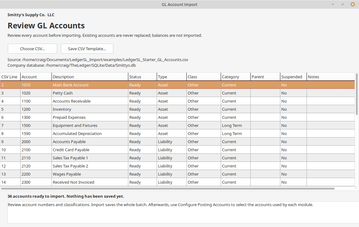 GL account import preview showing the 36-account starter CSV with Ready statuses and no accounts saved yet