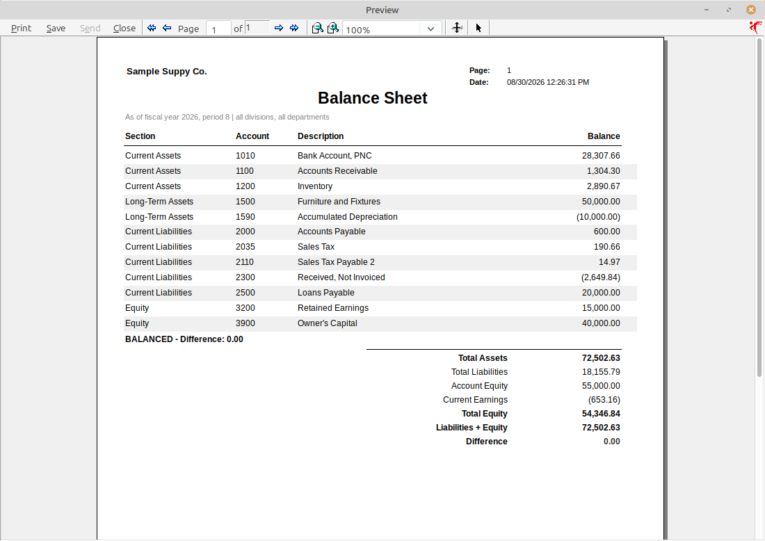 LedgerSL Balance Sheet preview showing asset, liability, and equity accounts with statement totals and a zero difference