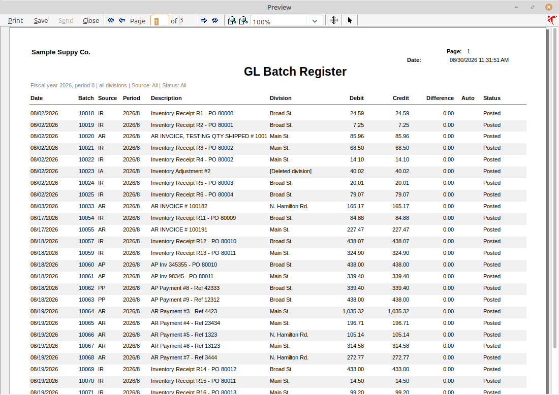 LedgerSL GL Batch Register preview showing posted batches, sources, periods, divisions, debit and credit totals, differences, and status