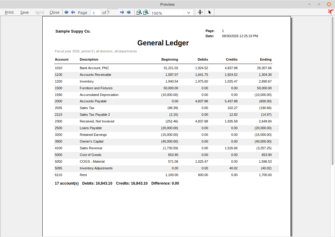 LedgerSL General Ledger report preview showing account numbers, descriptions, beginning balances, debits, credits, ending balances, and totals