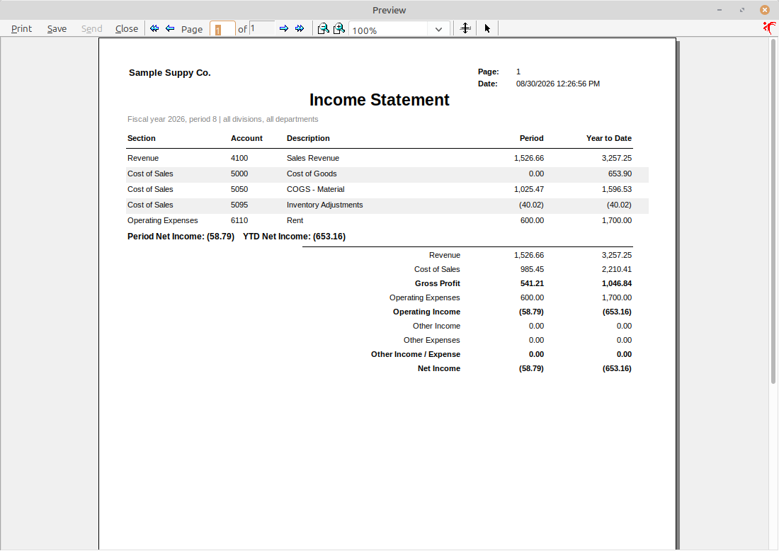 LedgerSL Income Statement preview with revenue, cost of sales, expenses, and period and year-to-date totals for Sample Supply Co.