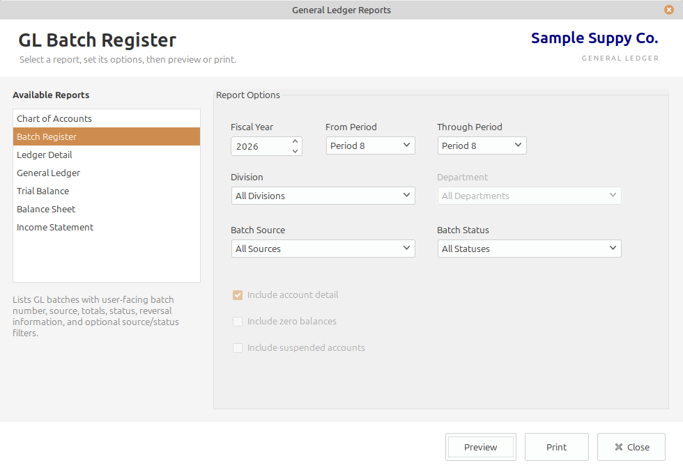 LedgerSL General Ledger Reports screen showing the available reports and fiscal year, period, division, department, source, and status options