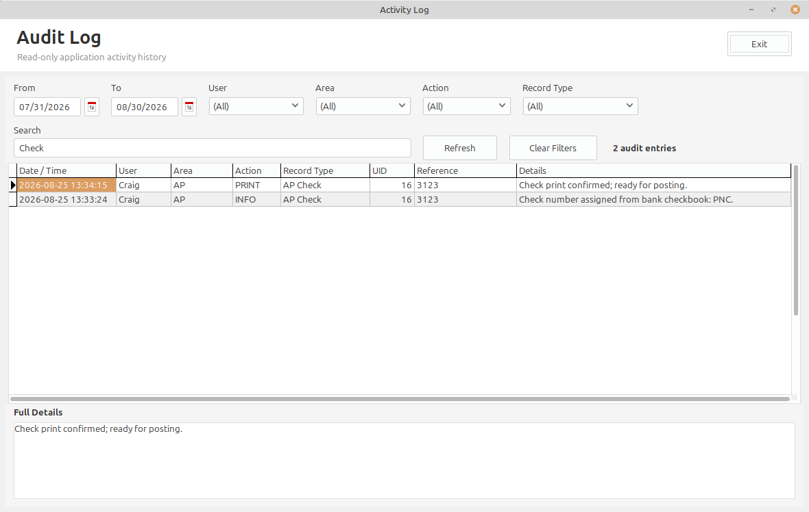 LedgerSL Audit Log opened from Global Search showing activity for a selected check