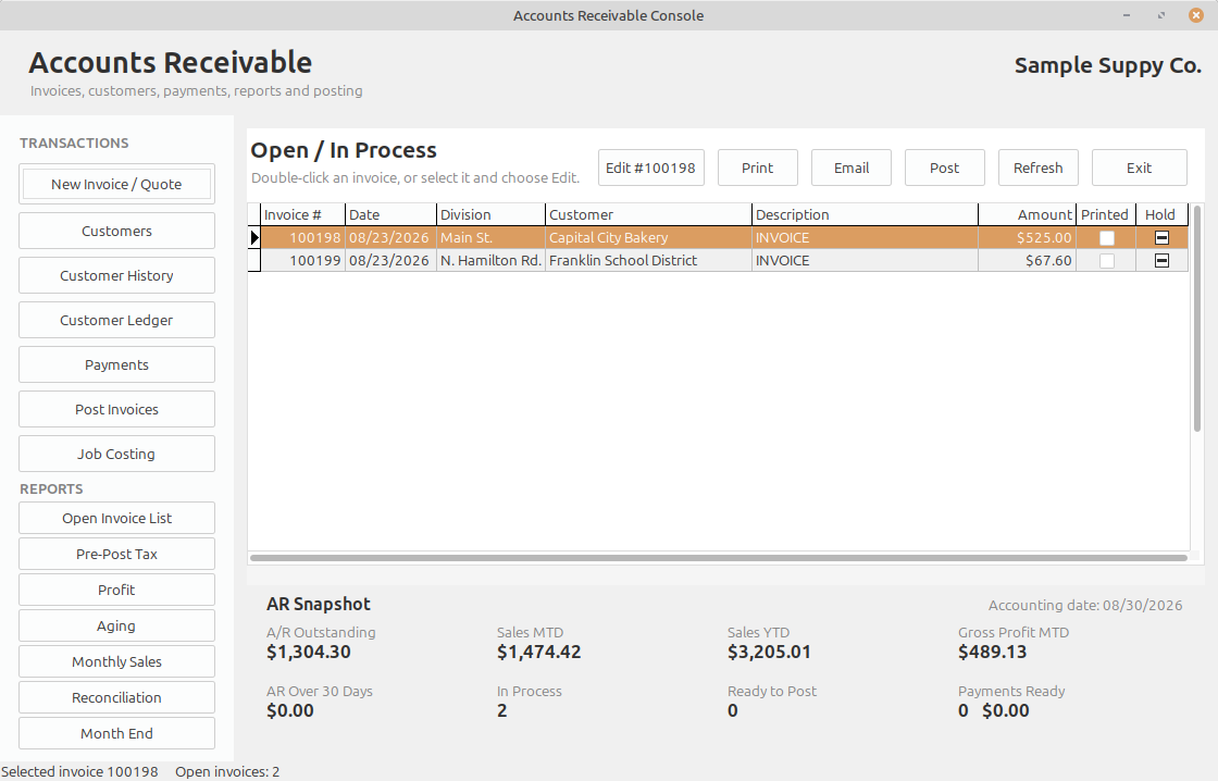 LedgerSL Accounts Receivable Console opened from a selected Global Search result
