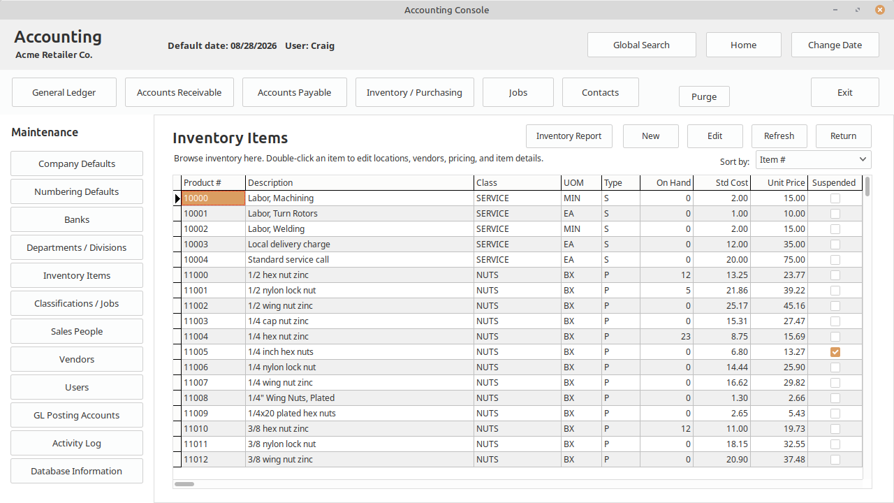 LedgerSL Main Console Inventory Items page showing products, classes, units, quantities, costs, prices, and status