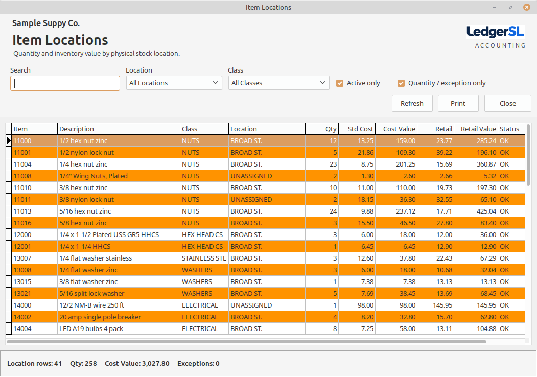LedgerSL Item Locations showing inventory quantities, unit costs, cost values, retail values, and status by physical stock location