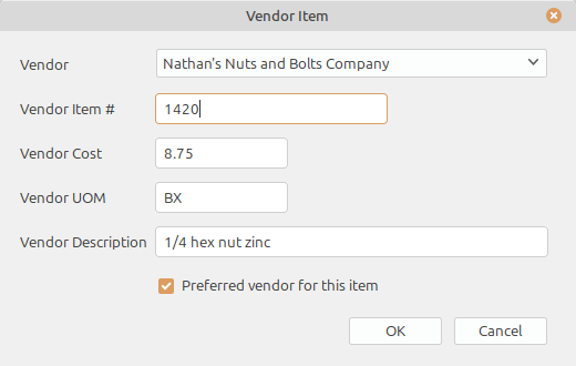 LedgerSL Vendor Item dialog showing the supplier, vendor item number, cost, purchasing UOM, description, and preferred vendor option