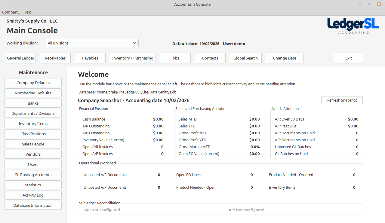 LedgerSL Main Console with company details, accounting modules, and company snapshot