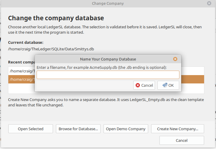 LedgerSL filename prompt explaining that a name such as AcmeSupply.db can be entered with or without the .db extension