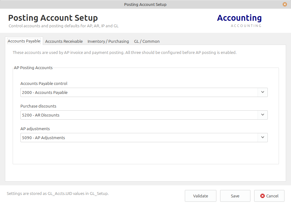 LedgerSL Posting Account Setup showing Accounts Payable control, discount, and adjustment accounts with tabs for other modules