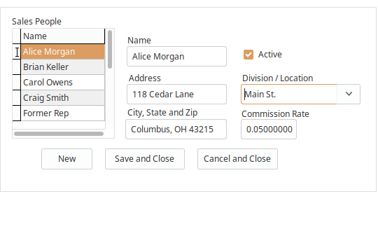 LedgerSL Sales People maintenance showing name, address, location, commission rate, and active status