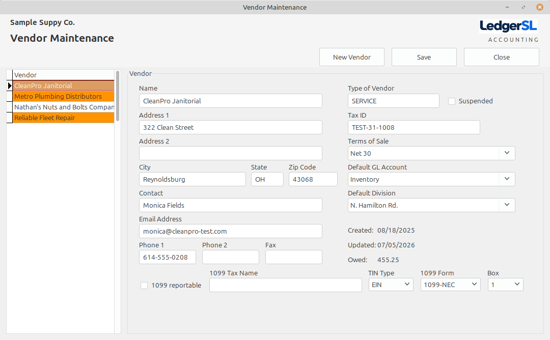 LedgerSL Vendor Maintenance showing vendor identity, terms, defaults, amount owed, and 1099 information